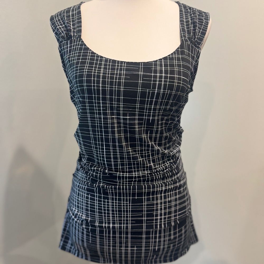 Alfani Black Grid Print Ruched Tank Top Chic | Size Medium
